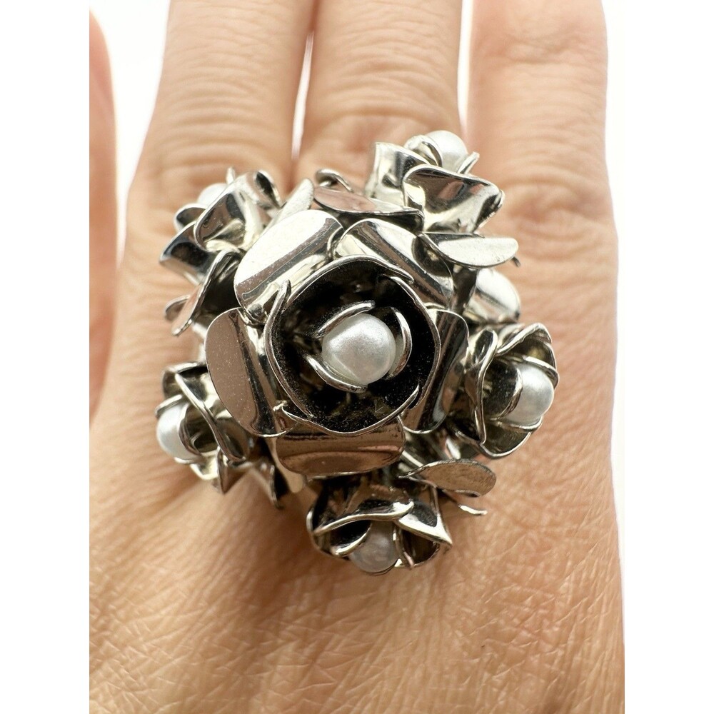 Vintage 3d Rose Ring Faux Pearl Silver Tone Size 6.75